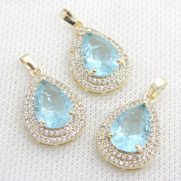 copper teardrop pendant paved zircon with blue crystal glass
