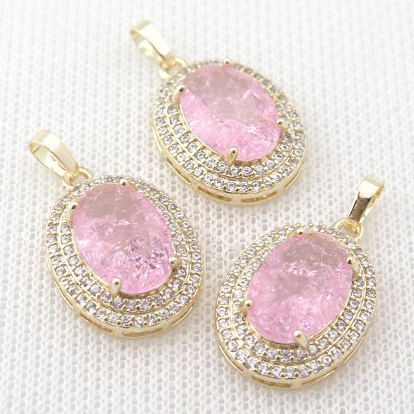 copper oval pendant paved zircon with pink crystal glass