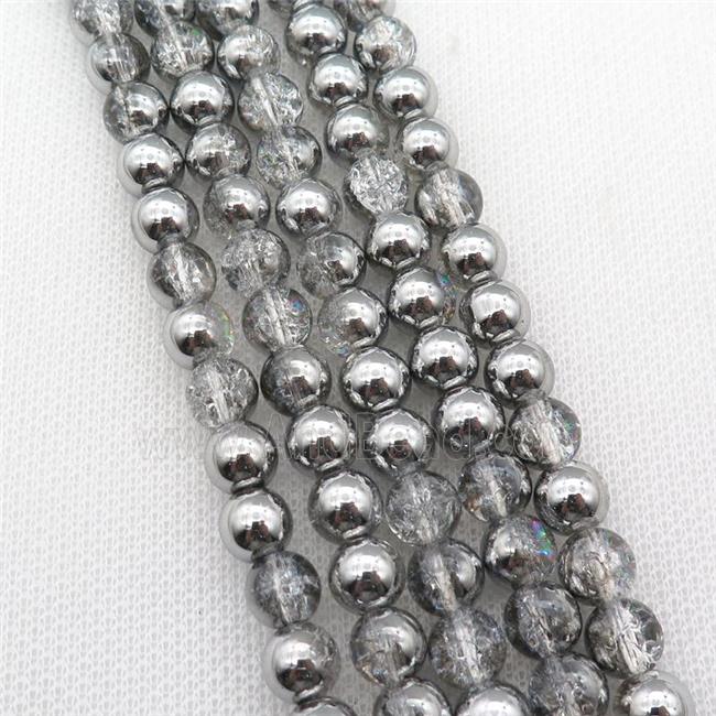 round Crackle Crystal Glass Beads, half silver plated