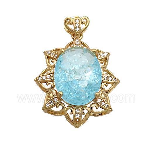 Copper Flower Pendant Pave Blue Crystal Glass Gold Plated
