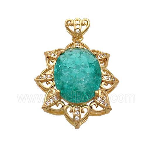 Copper Flower Pendant Pave Green Crystal Glass Gold Plated
