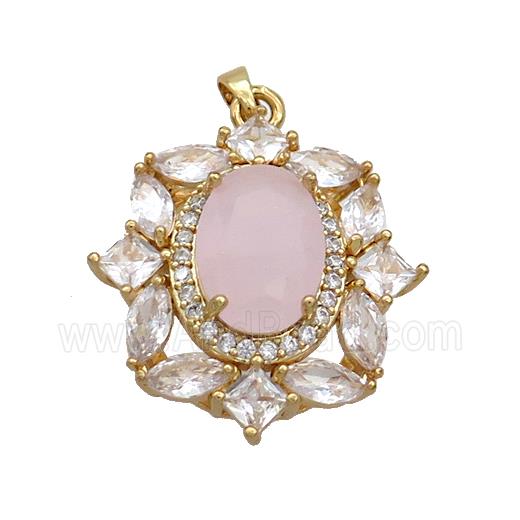 Copper Flower Pendant Pave Pink Crystal Glass Gold Plated