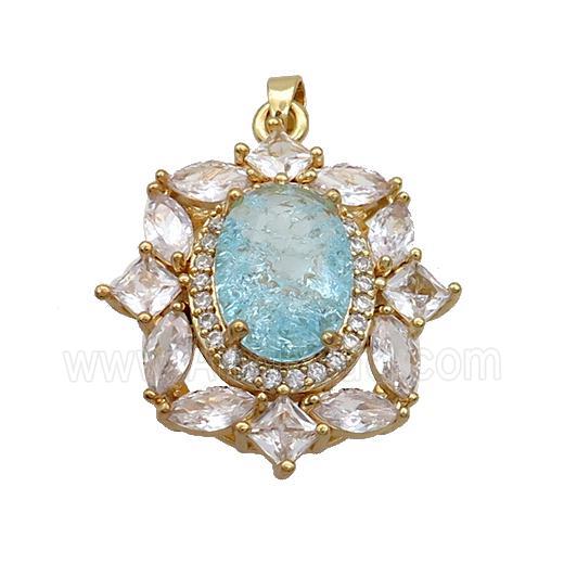 Copper Flower Pendant Pave Blue Crystal Glass Gold Plated