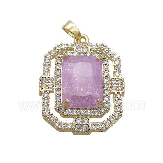 Copper Rectangle Pendant Pave PInk Crystal Glass Gold Plated
