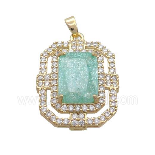 Copper Rectangle Pendant Pave Green Crystal Glass Gold Plated