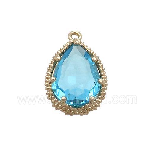 Copper Teardrop Pendant Pave Aqua Crystal Glass Gold Plated