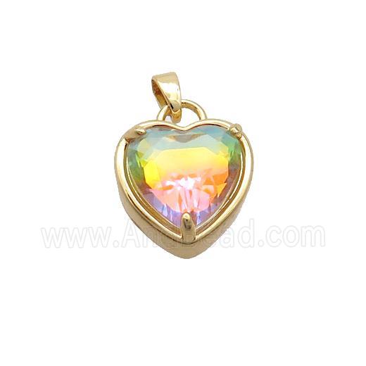 Copper Heart Pendant Pave Rainbow Crystal Glass Gold Plated