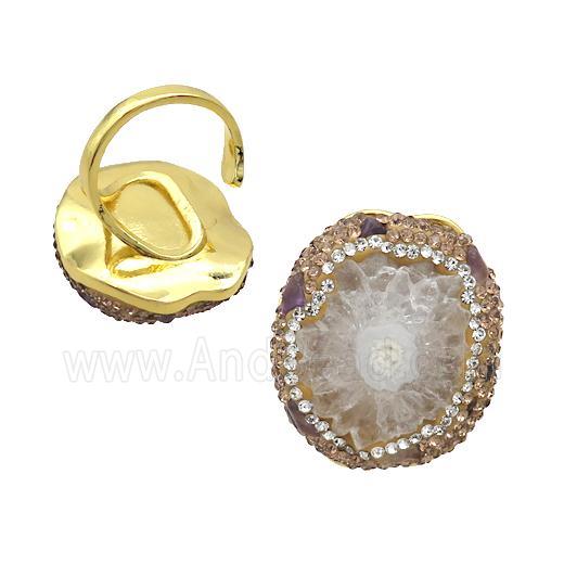 White Quartz Druzy Ring Pave Rhinestone Gold Plated