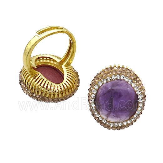 Amethyst Ring Pave Rhinestone Adjustable Gold Plated