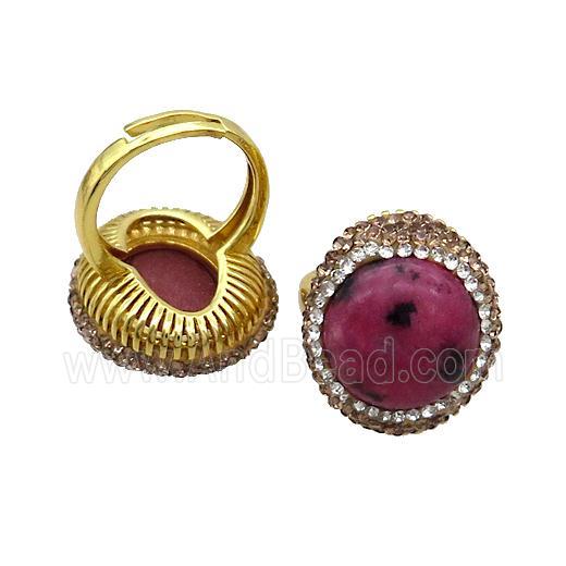 Rhodonite Ring Pave Rhinestone Adjustable Gold Plated