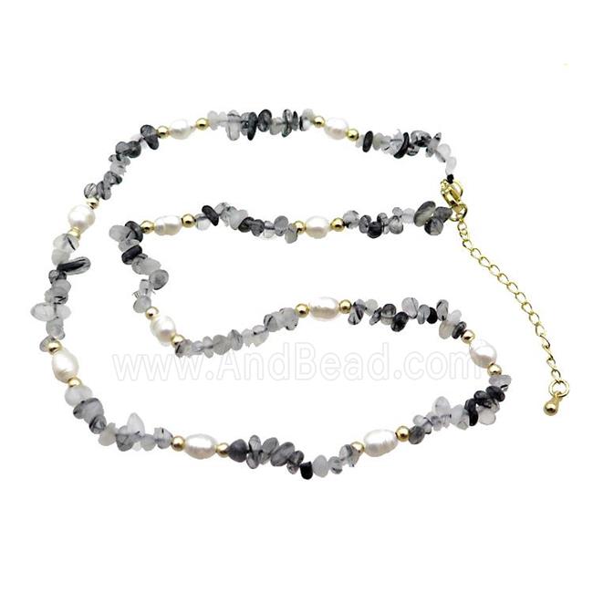 Black Rutilated Quartz Necklace With Pearl