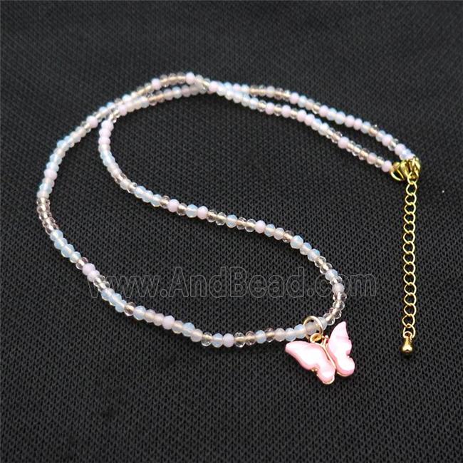 White Crystal Glass Necklace With Resin Butterfly