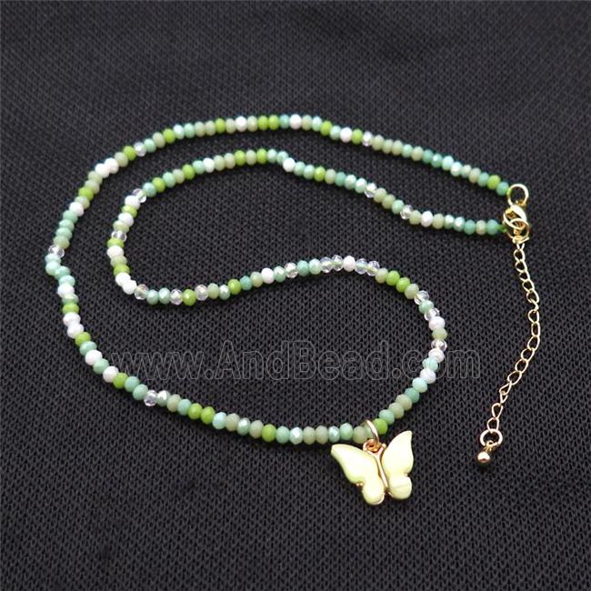 Green Crystal Glass Necklace With Resin Butterfly