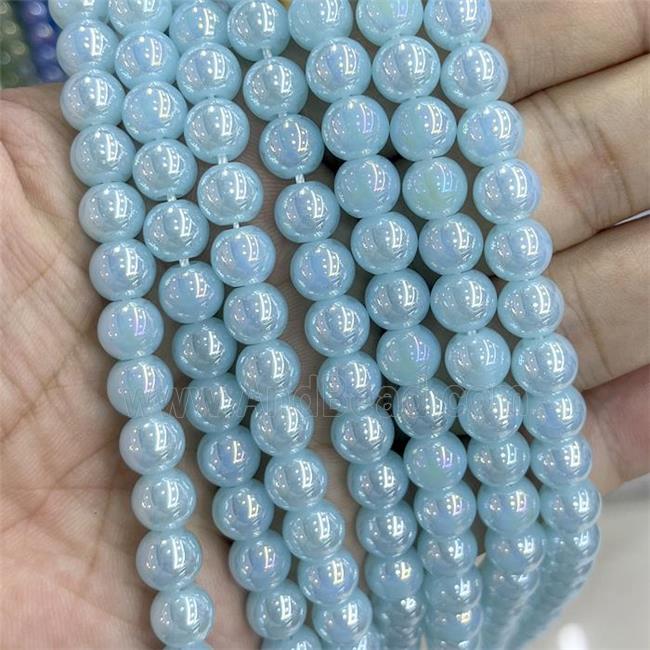 Blue Jadeite Glass Beads Smooth Round Electroplated
