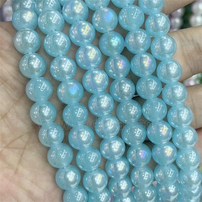 Blue Jadeite Glass Beads Smooth Round Electroplated