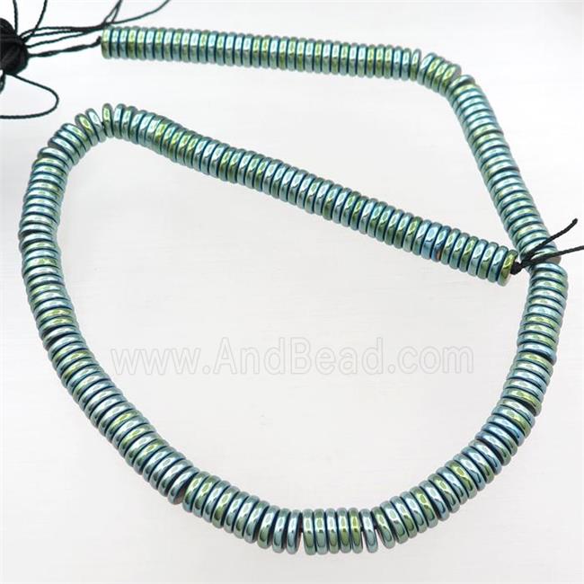 Hematite heishi beads, green electroplated