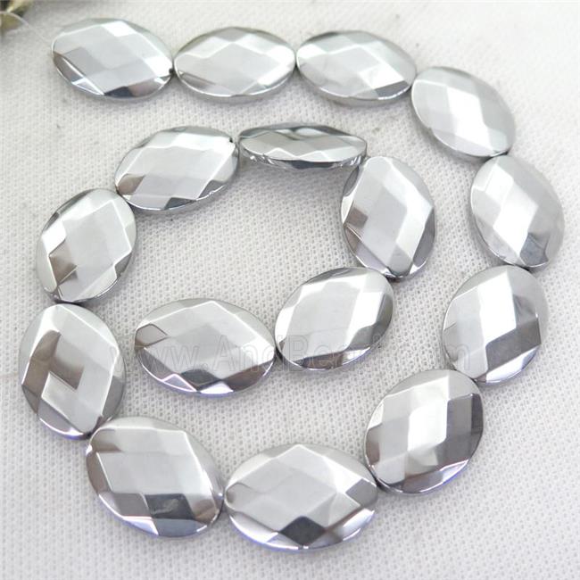 Hematite Beads, faceted oval, silver plated