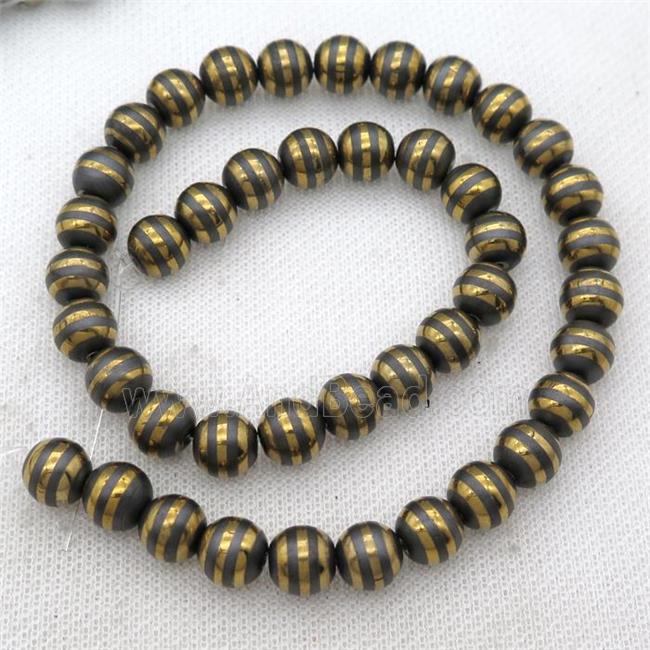 black Hematite beads with golden line, round, matte