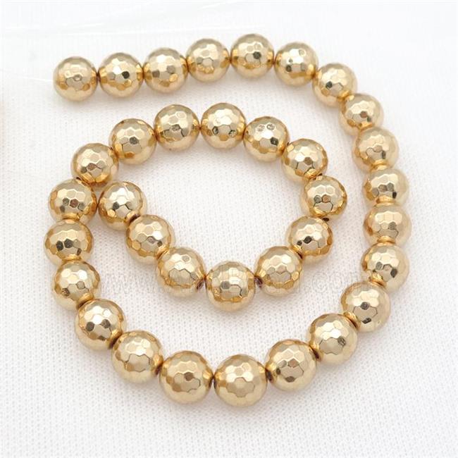 faceted round Hematite Beads, light KC-gold electroplated
