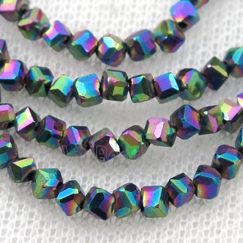 Hematite beads, corner-drilled cube, rainbow electroplated