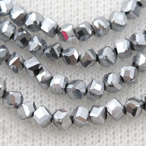 Hematite beads, corner-drilled cube, platinum electroplated