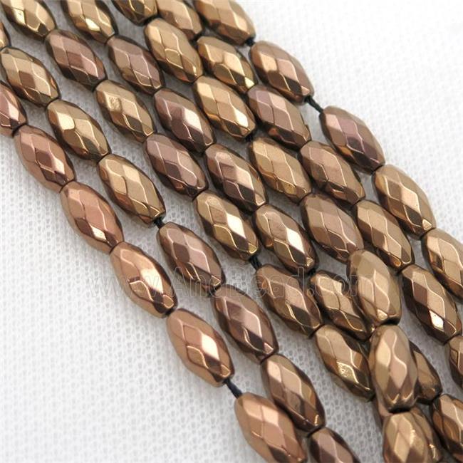 Hematite beads, faceted rice, brown electroplated