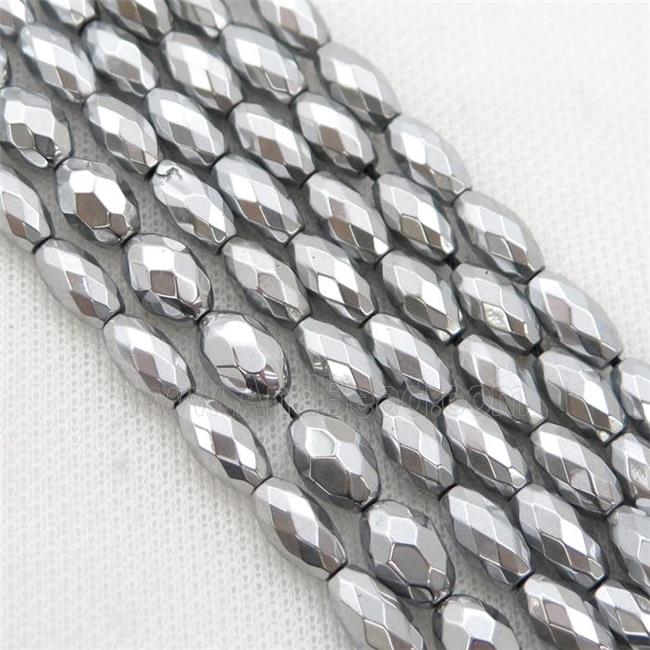 Hematite beads, faceted rice, platinum electroplated