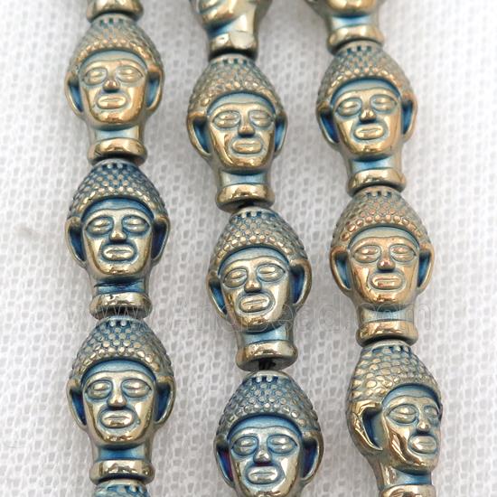 Hematite buddha beads, bluegold electroplated