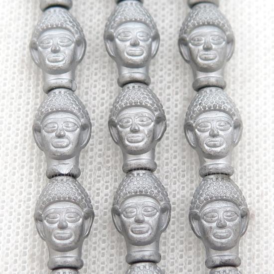 matte Hematite buddha beads, platinum electroplated