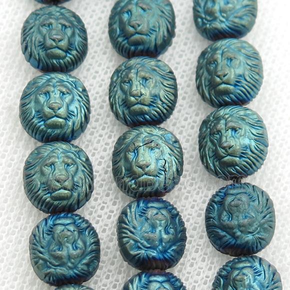 matte Hematite Lion Beads, green electroplated