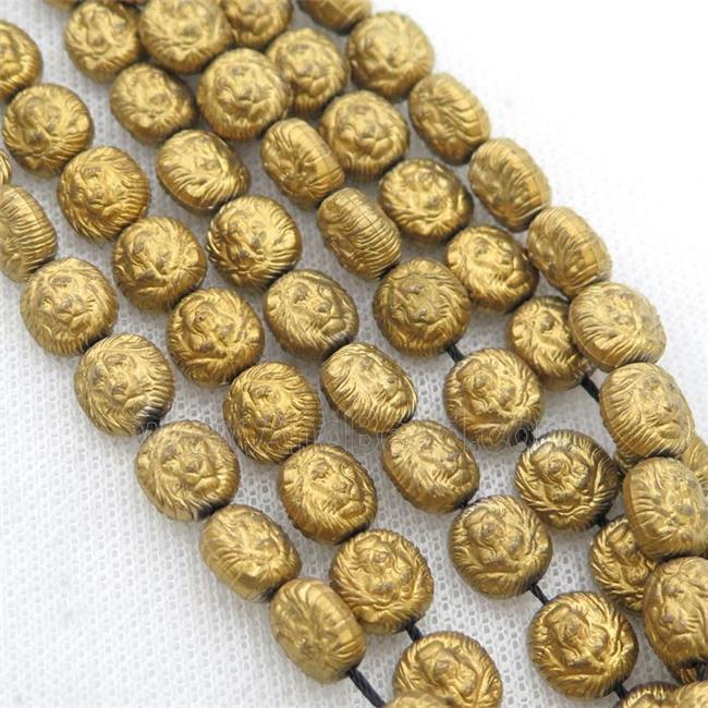 matte Hematite Lion Beads, gold electroplated