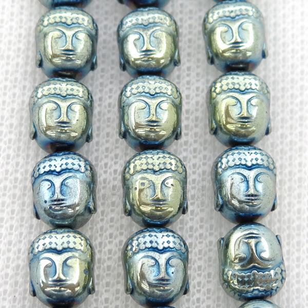 Hematite buddha beads, green electroplated