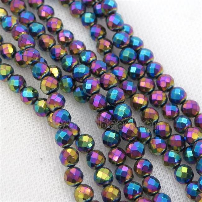 Hematite beads, faceted round, rainbow electroplated