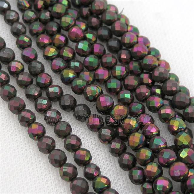 Hematite beads, faceted round, multicolor electroplated