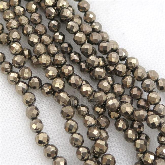 Hematite beads, faceted round, pyrite color electroplated