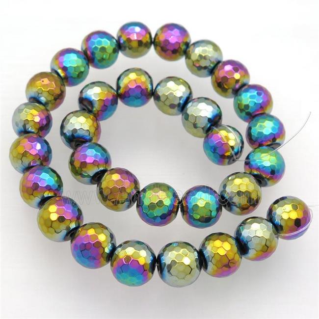 Hematite beads, faceted round, rainbow electroplated
