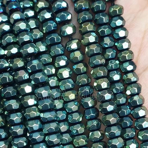 green Hematite Beads, faceted rondelle, electroplated