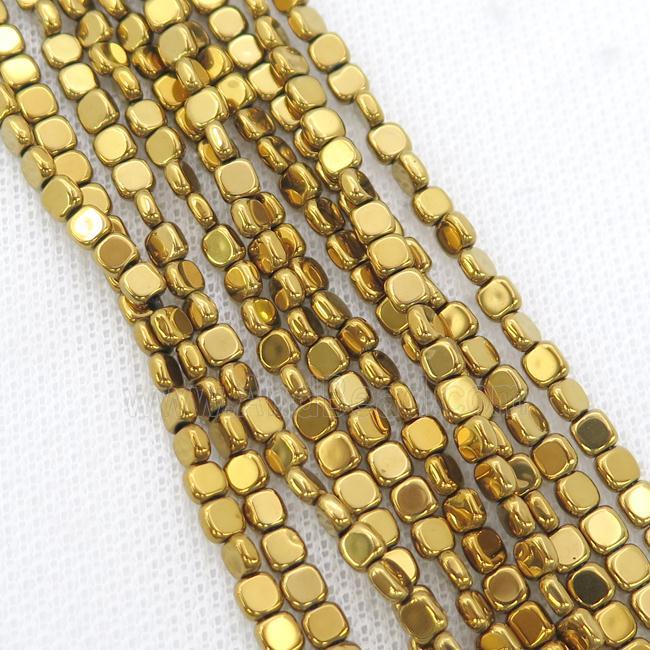 Gold Hematite Beads Square Electroplated