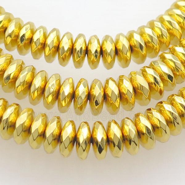 Hematite Beads Faceted Rondelle Shiny Gold