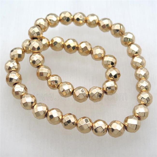 faceted round Hematite Beads, light KC-gold electroplated
