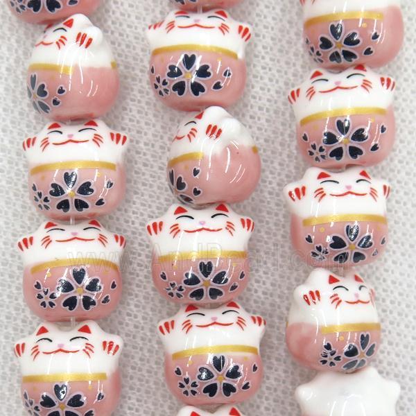 pink Oriental Porcelain beads, fortune cat