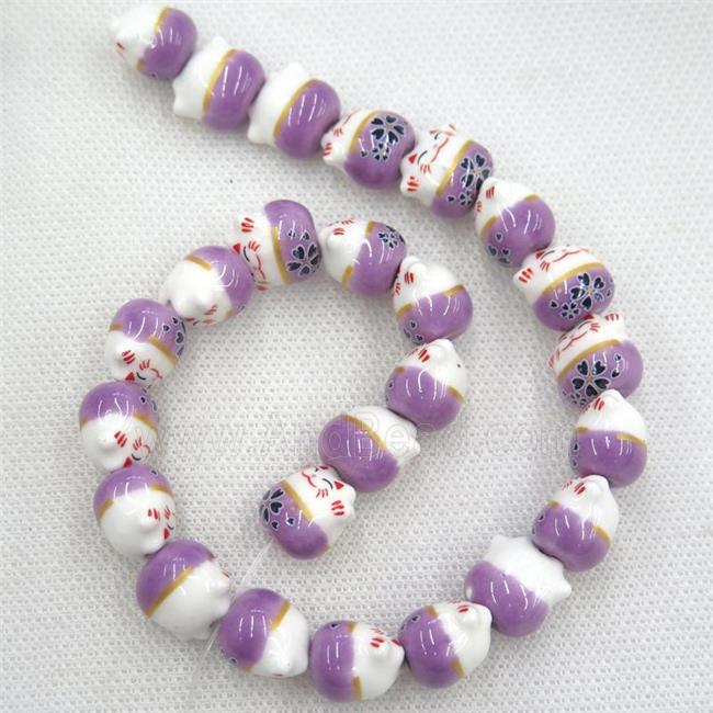 purple Oriental Porcelain beads, fortune cat
