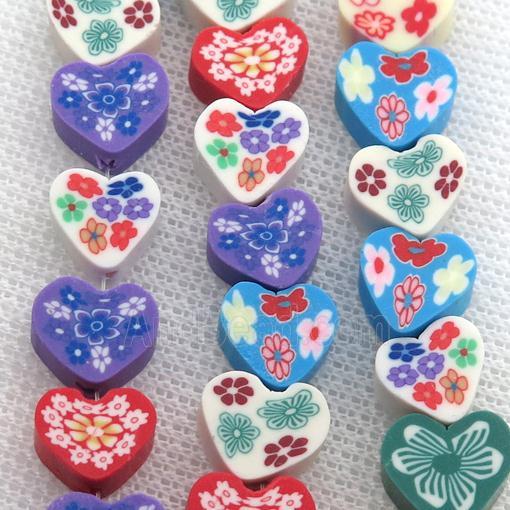 Polymer Clay Fimo Beads, heart, mix color