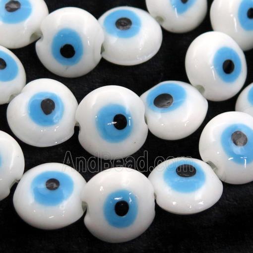 handmade white Lampwork Glass coin Beads with evil eye