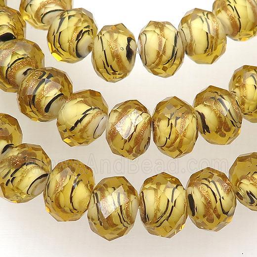 gold Lampwork glass beads, faceted rondelle