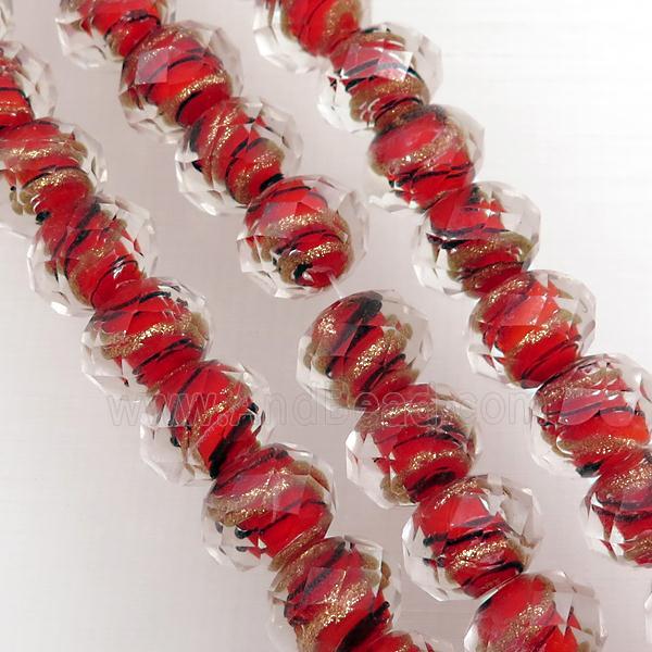 red Lampwork glass beads, faceted rondelle