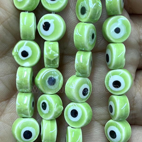 green Porcelain button beads, evil eye, electroplated