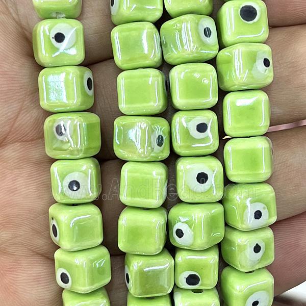 olive Porcelain cube beads, evil eye, electroplated