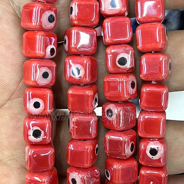 red Porcelain cube beads, evil eye, electroplated