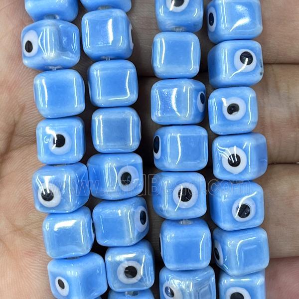 blue Porcelain cube beads, evil eye, electroplated